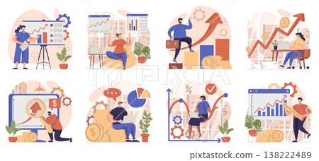Sales performance collection of scenes isolated. People analyze financial data and income growth, set in flat design. Vector illustration for blogging, website, mobile app, promotional materials. 138222489