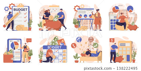 Planning financial budget collection of scenes isolated. People keep bookkeeping, finance management, set in flat design. Vector illustration for blogging, website, mobile app, promotional materials. Planning financial budget collection of scenes isolated. People keep bookkeeping, finance management, set in flat design. Vector illustration for blogging, website, mobile app, promotional materials. 138222495