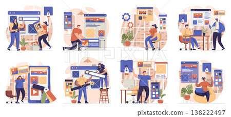 Web design collection of scenes isolated. People create website layout, place elements and graphics, set in flat design. Vector illustration for blogging, website, mobile app, promotional materials. Web design collection of scenes isolated. People create website layout, place elements and graphics, set in flat design. Vector illustration for blogging, website, mobile app, promotional materials. 138222497