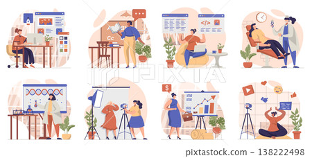 Women working collection of scenes isolated. People work at different professions or occupations, set in flat design. Vector illustration for blogging, website, mobile app, promotional materials. Women working collection of scenes isolated. People work at different professions or occupations, set in flat design. Vector illustration for blogging, website, mobile app, promotional materials. 138222498