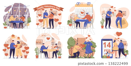 Valentines day collection of scenes isolated. People in love relationship celebrate romantic holiday, set in flat design. Vector illustration for blogging, website, mobile app, promotional materials. 138222499