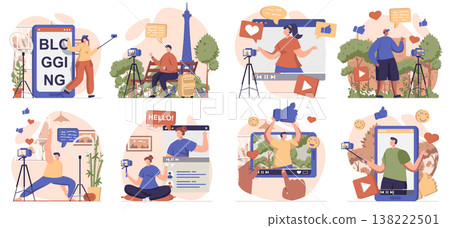 Video blogging collection of scenes isolated. People record different video clips for online channel, set in flat design. Vector illustration for blogging, website, mobile app, promotional materials. Video blogging collection of scenes isolated. People record different video clips for online channel, set in flat design. Vector illustration for blogging, website, mobile app, promotional materials. 138222501