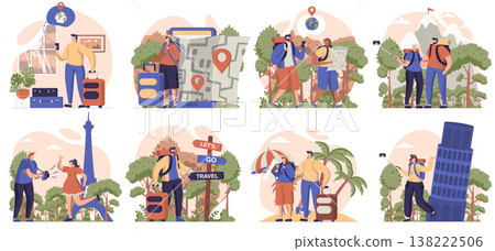 Travelling people collection of scenes isolated. Travelers go on vacation, hiking, resort, sightseeing set in flat design. Vector illustration for blogging, website, mobile app, promotional materials. 138222506