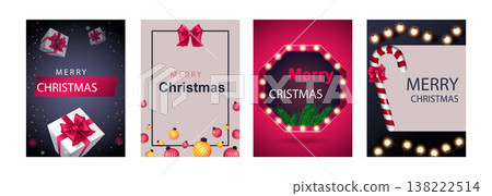 Merry Christmas set of posters or flyers greeting cards design with tree branch and Christmas ball. New Year 2022 cover design. Xmas brochure layout. Vector illustration with realistic elements. Merry Christmas set of posters or flyers greeting cards design with tree branch and Christmas ball. New Year 2022 cover design. Xmas brochure layout. Vector illustration with realistic elements. 138222514