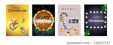 Merry Christmas set of posters or flyers greeting cards design with tree branch and Christmas ball. New Year 2022 cover design. Xmas brochure layout. Vector illustration with realistic elements. Merry Christmas set of posters or flyers greeting cards design with tree branch and Christmas ball. New Year 2022 cover design. Xmas brochure layout. Vector illustration with realistic elements. 138222517