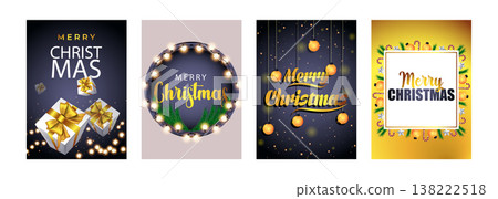Merry Christmas set of posters or flyers greeting cards design with tree branch and Christmas ball. New Year 2022 cover design. Xmas brochure layout. Vector illustration with realistic elements. Merry Christmas set of posters or flyers greeting cards design with tree branch and Christmas ball. New Year 2022 cover design. Xmas brochure layout. Vector illustration with realistic elements. 138222518