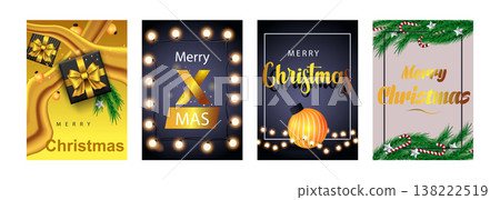 Merry Christmas set of posters or flyers greeting cards design with tree branch and Christmas ball. New Year 2022 cover design. Xmas brochure layout. Vector illustration with realistic elements. Merry Christmas set of posters or flyers greeting cards design with tree branch and Christmas ball. New Year 2022 cover design. Xmas brochure layout. Vector illustration with realistic elements. 138222519