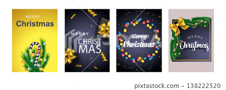 Merry Christmas set of posters or flyers greeting cards design with tree branch and Christmas ball. New Year 2022 cover design. Xmas brochure layout. Vector illustration with realistic elements. Merry Christmas set of posters or flyers greeting cards design with tree branch and Christmas ball. New Year 2022 cover design. Xmas brochure layout. Vector illustration with realistic elements. 138222520