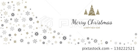 Merry Christmas and New Year 2022 poster. Xmas minimal banner with holiday symbols of festive trees, stars pattern border and text on white background. Vector illustration for greeting card design 138222521