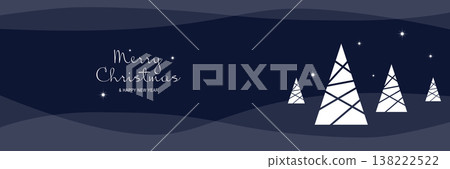 Merry Christmas and New Year 2022 poster. Xmas minimal banner with holiday symbols of festive trees in abstract winter night and text on white background. Vector illustration for greeting card design Merry Christmas and New Year 2022 poster. Xmas minimal banner with holiday symbols of festive trees in abstract winter night and text on white background. Vector illustration for greeting card design 138222522