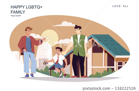 Happy LGBT family concept. Male fathers with son walking at street and pastime together at home. Homosexual couple, gay relationship and parenthood. Vector illustration of people in flat design 138222526