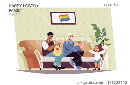 Happy LGBT family concept. Male fathers take care of little daughter at home. Multiracial homosexual couple, gay relationship, childhood and parenthood. Vector illustration of people in flat design Happy LGBT family concept. Male fathers take care of little daughter at home. Multiracial homosexual couple, gay relationship, childhood and parenthood. Vector illustration of people in flat design 138222530