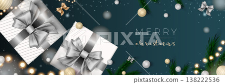 Merry Christmas web banner. Xmas and Happy New Year 2022 holiday celebration poster. Vector illustration with 3d realistic elements. Horizontal christmas poster, background, greeting cards, header. Merry Christmas web banner. Xmas and Happy New Year 2022 holiday celebration poster. Vector illustration with 3d realistic elements. Horizontal christmas poster, background, greeting cards, header. 138222536