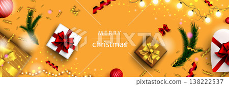 Merry Christmas web banner. Xmas and Happy New Year 2022 holiday celebration poster. Vector illustration with 3d realistic elements. Horizontal christmas poster, background, greeting cards, header. Merry Christmas web banner. Xmas and Happy New Year 2022 holiday celebration poster. Vector illustration with 3d realistic elements. Horizontal christmas poster, background, greeting cards, header. 138222537