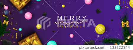 Merry Christmas web banner. Xmas and Happy New Year 2022 holiday celebration poster. Vector illustration with 3d realistic elements. Horizontal christmas poster, background, greeting cards, header. 138222544