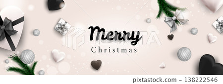 Merry Christmas web banner. Xmas and Happy New Year 2022 holiday celebration poster. Vector illustration with 3d realistic elements. Horizontal christmas poster, background, greeting cards, header. 138222546