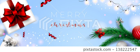 Merry Christmas web banner. Xmas and Happy New Year 2022 holiday celebration poster. Vector illustration with 3d realistic elements. Horizontal christmas poster, background, greeting cards, header. 138222547