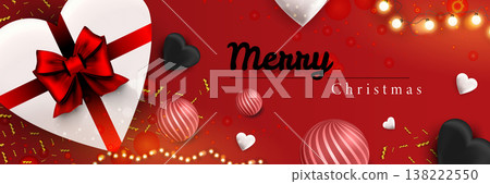 Merry Christmas web banner. Xmas and Happy New Year 2022 holiday celebration poster. Vector illustration with 3d realistic elements. Horizontal christmas poster, background, greeting cards, header. Merry Christmas web banner. Xmas and Happy New Year 2022 holiday celebration poster. Vector illustration with 3d realistic elements. Horizontal christmas poster, background, greeting cards, header. 138222550