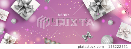 Merry Christmas web banner. Xmas and Happy New Year 2022 holiday celebration poster. Vector illustration with 3d realistic elements. Horizontal christmas poster, background, greeting cards, header. 138222551