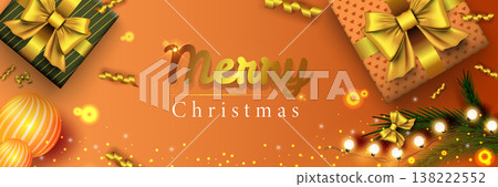 Merry Christmas web banner. Xmas and Happy New Year 2022 holiday celebration poster. Vector illustration with 3d realistic elements. Horizontal christmas poster, background, greeting cards, header. Merry Christmas web banner. Xmas and Happy New Year 2022 holiday celebration poster. Vector illustration with 3d realistic elements. Horizontal christmas poster, background, greeting cards, header. 138222552