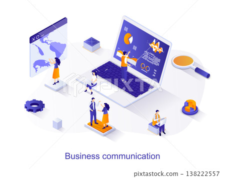 Business communication isometric web concept. People discuss tasks or report, cooperation with colleagues at meeting. Online global company scene. Vector illustration for website template in 3d design 138222557