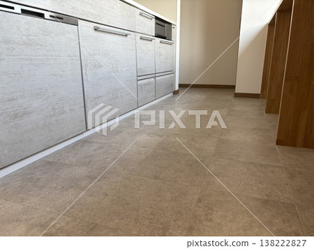 Kitchen, storage shelves, and flooring after renovation; interior space and finish with cushion flooring. Kitchen, storage shelves, and flooring after renovation; interior space and finish with cushion flooring. 138222827