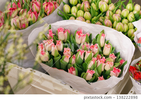 Pink tulips bouquet wrapped in paper, fresh spring flowers, market display, floral composition, romantic gift, Tulipa gesneriana plant. Pink tulips bouquet wrapped in paper, fresh spring flowers, market display, floral composition, romantic gift, Tulipa gesneriana plant. 138222898