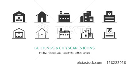 A simple icon set of buildings. Vector icons of warehouses, houses, factories, cityscapes, and schools, including line drawings and silhouettes. A simple icon set of buildings. Vector icons of warehouses, houses, factories, cityscapes, and schools, including line drawings and silhouettes. 138222938