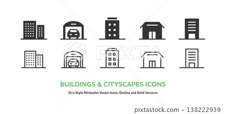 A set of vector icons for buildings. Simple icons of building lines and silhouettes, including buildings, garages, shops, and other architectural structures. A set of vector icons for buildings. Simple icons of building lines and silhouettes, including buildings, garages, shops, and other architectural structures. 138222939