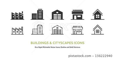 A set of vector icons for factories, office buildings, warehouses, shops, and houses. Simple icons with line art and color. 138222940