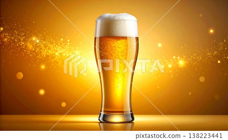 A luxurious visual featuring a golden lager in a beer glass with sparkling white foam against an amber gradient background. A luxurious visual featuring a golden lager in a beer glass with sparkling white foam against an amber gradient background. 138223441