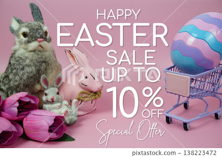 Easter Sale 10% promotion with Easter theme concepts decorations on pink background 138223472