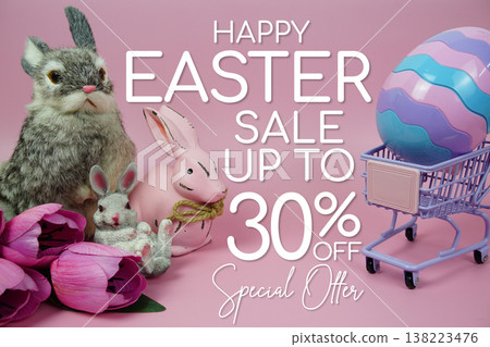 Easter Sale 30% promotion with Easter theme concepts decorations on pink background Easter Sale 30% promotion with Easter theme concepts decorations on pink background 138223476