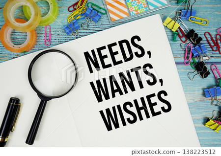 Needs, Wants, Wishes text on a paper surrounded by office supplies and magnifying glass on a blue wooden surface Needs, Wants, Wishes text on a paper surrounded by office supplies and magnifying glass on a blue wooden surface 138223512