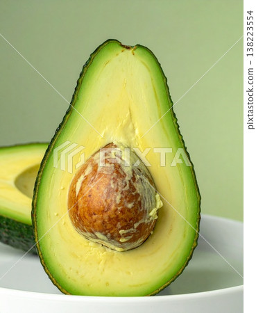 極簡主義的食物圖片，以柔和的綠色為背景，畫面中是切片酪梨和白色盤子。 138223554