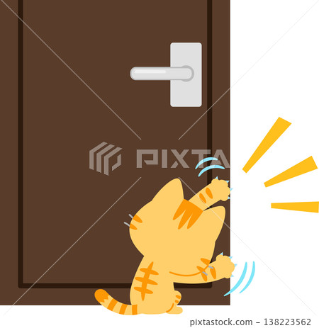 A tabby cat tries to open the door by scratching at it. A tabby cat tries to open the door by scratching at it. 138223562