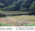 An old steel bridge and tunnel stand amidst a rural landscape, a quintessential image of the Japanese countryside in autumn. 138223590