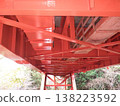 Underside view of a steel girder bridge, truss structure and bracing, and site data for bridge maintenance and painting work. 138223592