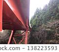 A vermilion steel bridge spanning deep green mountains 138223593