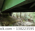 A green steel bridge spanning a forest in a mountainous area. 138223595