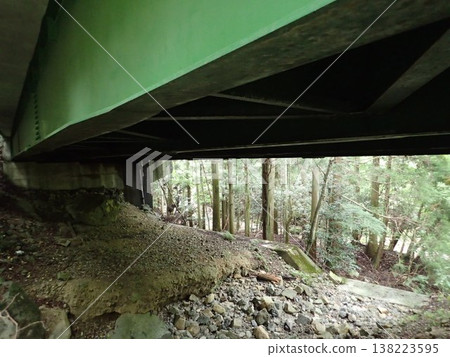 A green steel bridge spanning a forest in a mountainous area. A green steel bridge spanning a forest in a mountainous area. 138223595