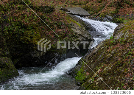 Three-tiered waterfall on the Sōshubetsu River flowing through a valley in Biratori Town, Hokkaido [May] 138223606