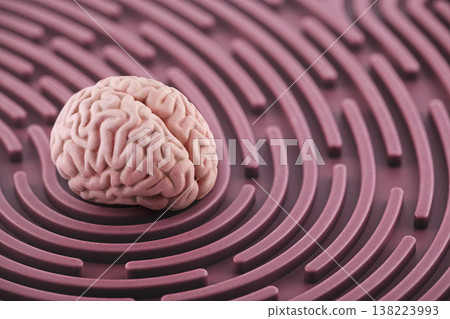 Human brain on round labyrinth. Concept of solving and strategic thinking. Human brain on round labyrinth. Concept of solving and strategic thinking. 138223993