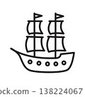 Black outline sailing ship icon with two masts and flags on white background 138224067