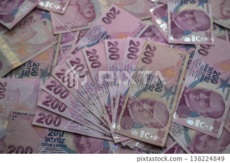 Layers of Turkish lira notes create a colorful, vibrant display of currency 138224849