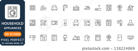 Household appliances icon set with kitchen devices, home electronics, cleaning tools and smart home symbols modern outline vector Household appliances icon set with kitchen devices, home electronics, cleaning tools and smart home symbols modern outline vector 138224869