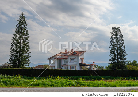 Charming countryside house framed by towering trees under a cloudy sky 138225072