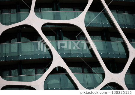 Close-Up of Modern Building Facade with Organic Voronoi Pattern: Futuristic White Biomorphic Mesh Over Green Glass Balconies, Contemporary High-Rise Architecture Detail Close-Up of Modern Building Facade with Organic Voronoi Pattern: Futuristic White Biomorphic Mesh Over Green Glass Balconies, Contemporary High-Rise Architecture Detail 138225135