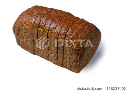 Slice of Borodinsky Bread on White Background. Texture of Dark Crumb and Caraway Seeds Visible 138225402