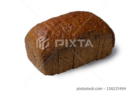 Sliced Loaf of Dark Borodinsky Bread with Caraway Seeds on White Background, Angled 45-Degree View. Sliced Loaf of Dark Borodinsky Bread with Caraway Seeds on White Background, Angled 45-Degree View. 138225404
